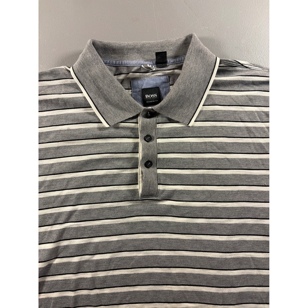 BOSS Hugo Boss Polo Shirt Mens XXL Gray Striped Regular Fit Short Sleeve Cotton